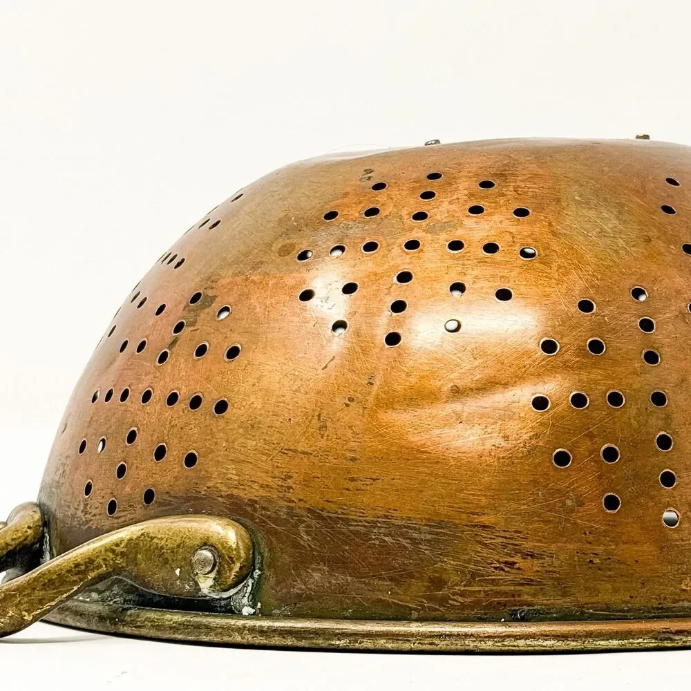 Vintage Copper Colander Brass Handles Farmhouse Kitchen Strainer Bowl Rustic
